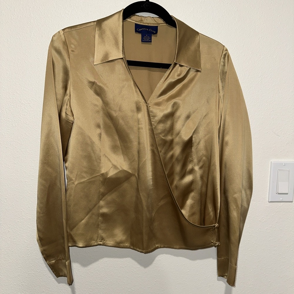 Charter Club 100% Silk Wrap Long‎ Sleeve Blouse Gold Size 6